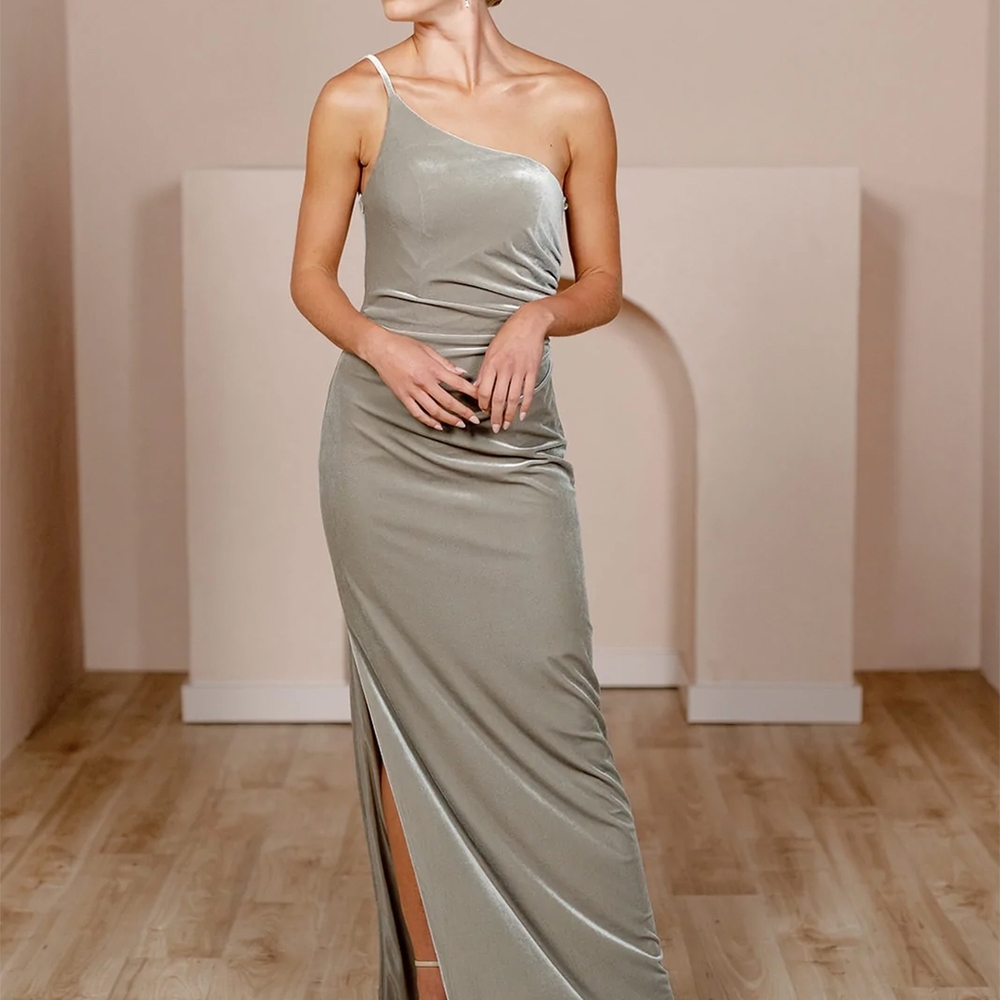 Revelry Sage Gown, 8 Velvet Off-shoulder
